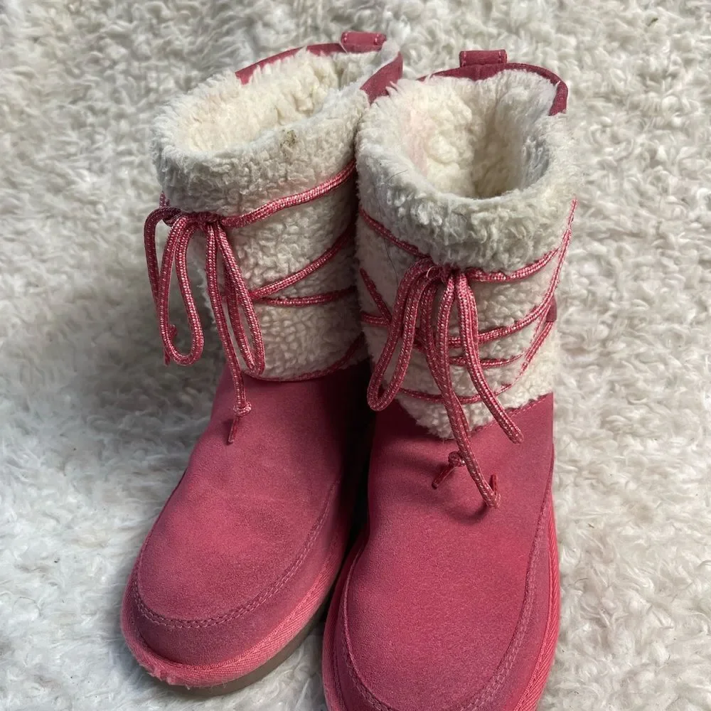 Kookaburra by UGG leather pink Girl winter boots beige fur lace up accent SZ3